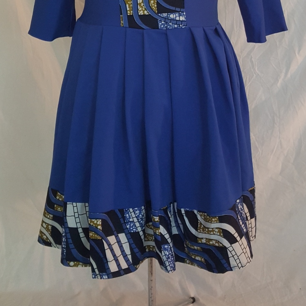 HANDMADE BLUE AND AFRICAN PRINT SKATER DRESS - Picture 2 of 7